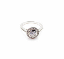 Load image into Gallery viewer, 925 Sterling Silver Ladies Rub Over Round Cubic Zirconia Ring With Halo & Round Cubic Zirconia Shoulders