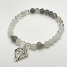 Load image into Gallery viewer, Clear Quartz, Frosted White Jade, Grey Cloudy Quartz & Diamond Charm Bracelet