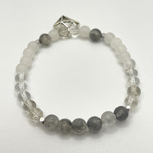 Load image into Gallery viewer, Clear Quartz, Frosted White Jade, Grey Cloudy Quartz & Diamond Charm Bracelet