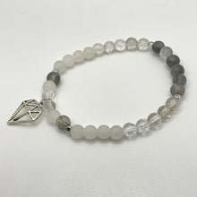 Load image into Gallery viewer, Clear Quartz, Frosted White Jade, Grey Cloudy Quartz & Diamond Charm Bracelet