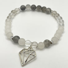 Load image into Gallery viewer, Clear Quartz, Frosted White Jade, Grey Cloudy Quartz & Diamond Charm Bracelet