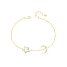 Load image into Gallery viewer, 925 Sterling Silver Gold Plated Ladies Cubic Zirconia Star & Moon Bracelet
