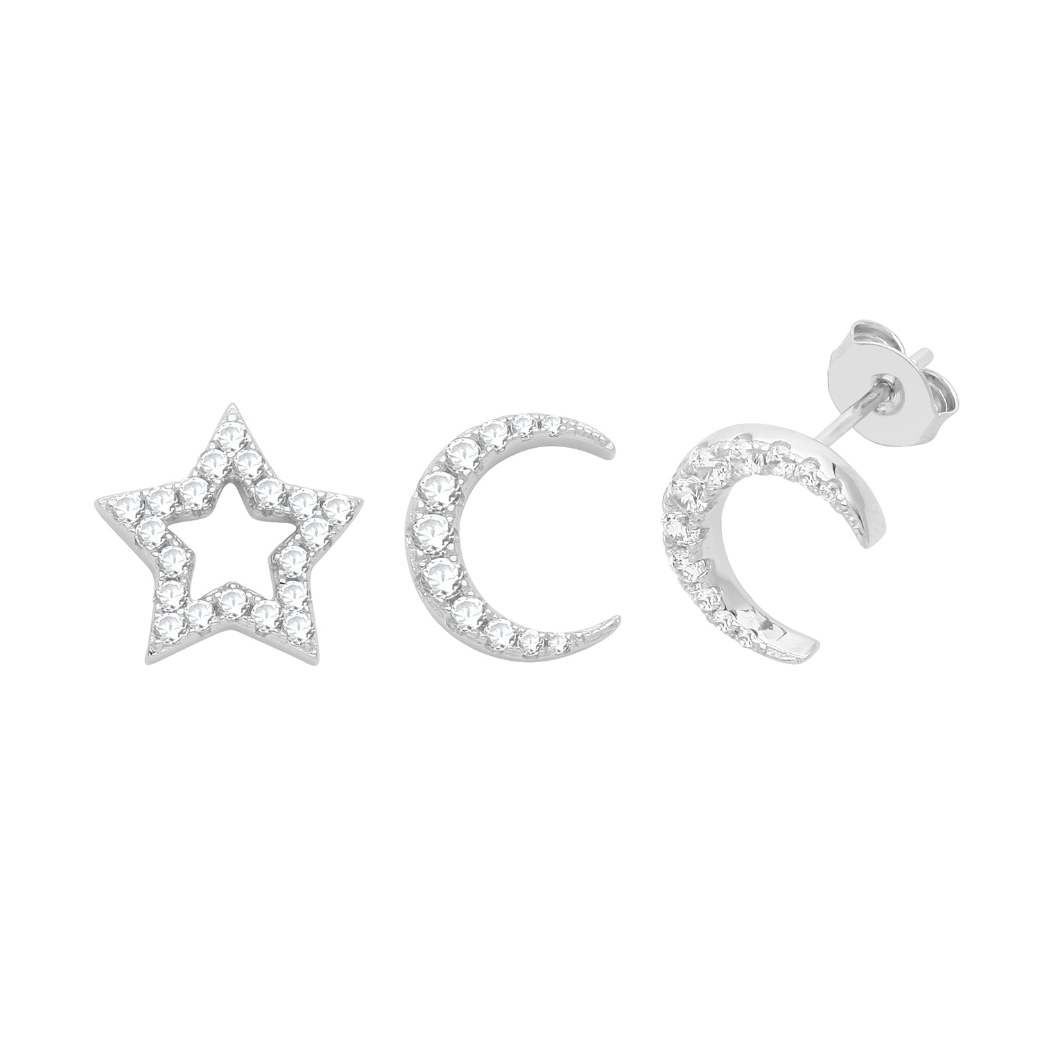 925 Sterling Silver Cubic Zirconia Star & Moon Stud Earrings