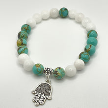Load image into Gallery viewer, White Jade & Turquoise With Evil Eye Charm Bracelet