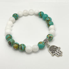 Load image into Gallery viewer, White Jade & Turquoise With Evil Eye Charm Bracelet