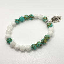 Load image into Gallery viewer, White Jade & Turquoise With Evil Eye Charm Bracelet