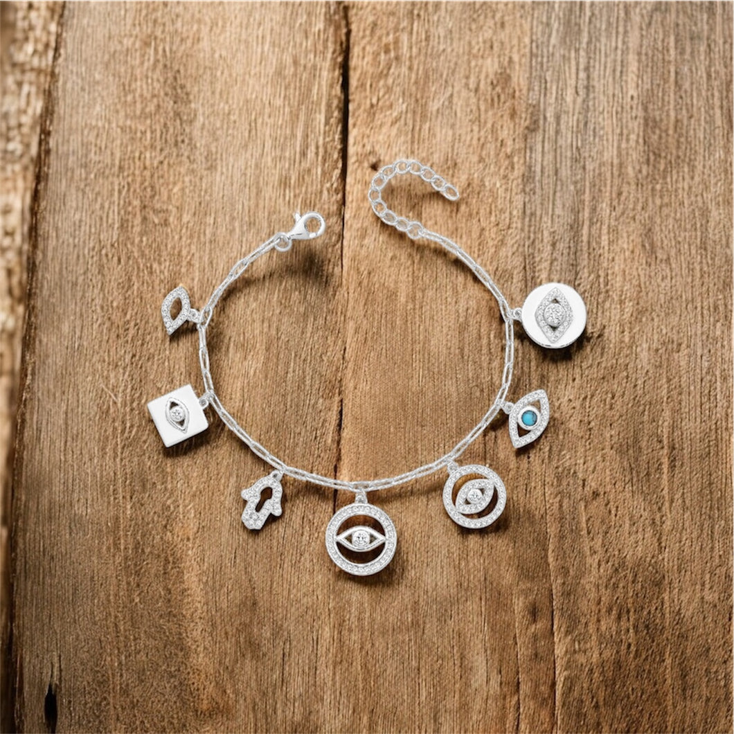 925 Sterling Silver Ladies Cubic Zirconia Evil Eye, and Hamsa Hand Charm Bracelet