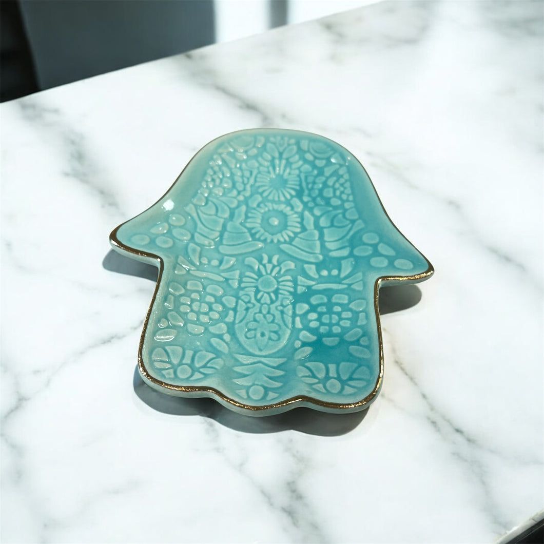 Turquoise Ceramic Hamsa Hand/Fatimas Hand Trinket Dish