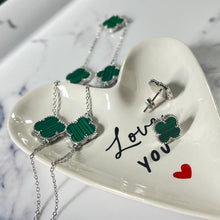 Load image into Gallery viewer, 925 Sterling Silver 4 Leaf Clover Design, Malachite and Cubic Zirconia Studs
