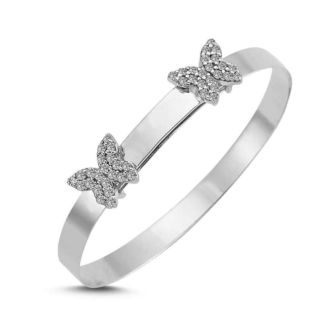925 Sterling Silver Double Cubic Zirconia Butterfly Design Expandable Bangle With Plain Band