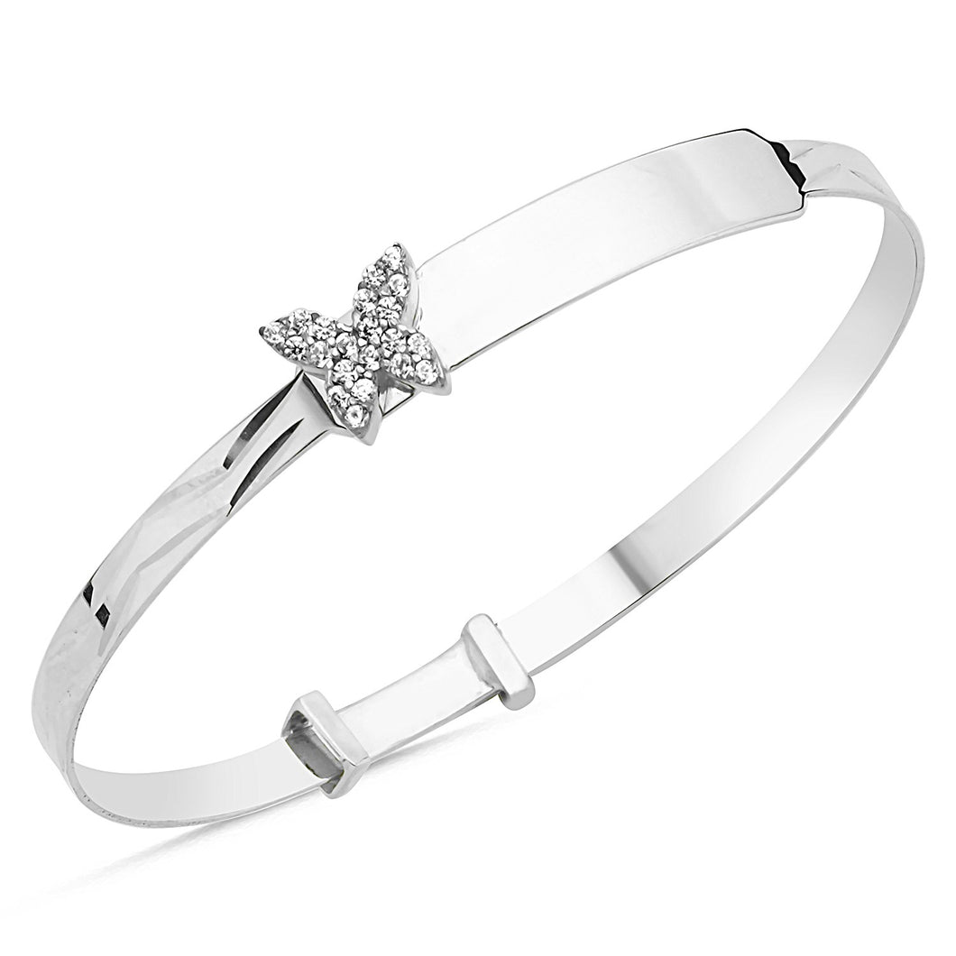 925 Sterling Silver Expandable Bangle Diamond Cut With ID Plate Cubic Zirconia Butterfly