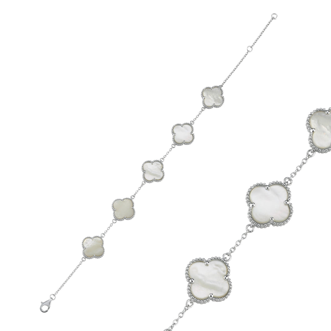 925 Sterling Silver Mother Of Pearl and Cubic Zirconia 4 Leaf Clover Design Bracelet