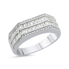 Load image into Gallery viewer, 925 Sterling Silver Gents 3 Sided Baguette and Round Stone Cubic Zirconia Ring
