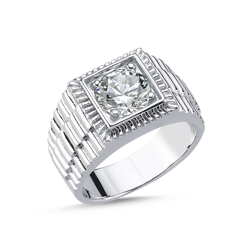 925 Sterling Silver Gents Square Design Cubic Zirconia Ring, With Diamond Cut Bezel