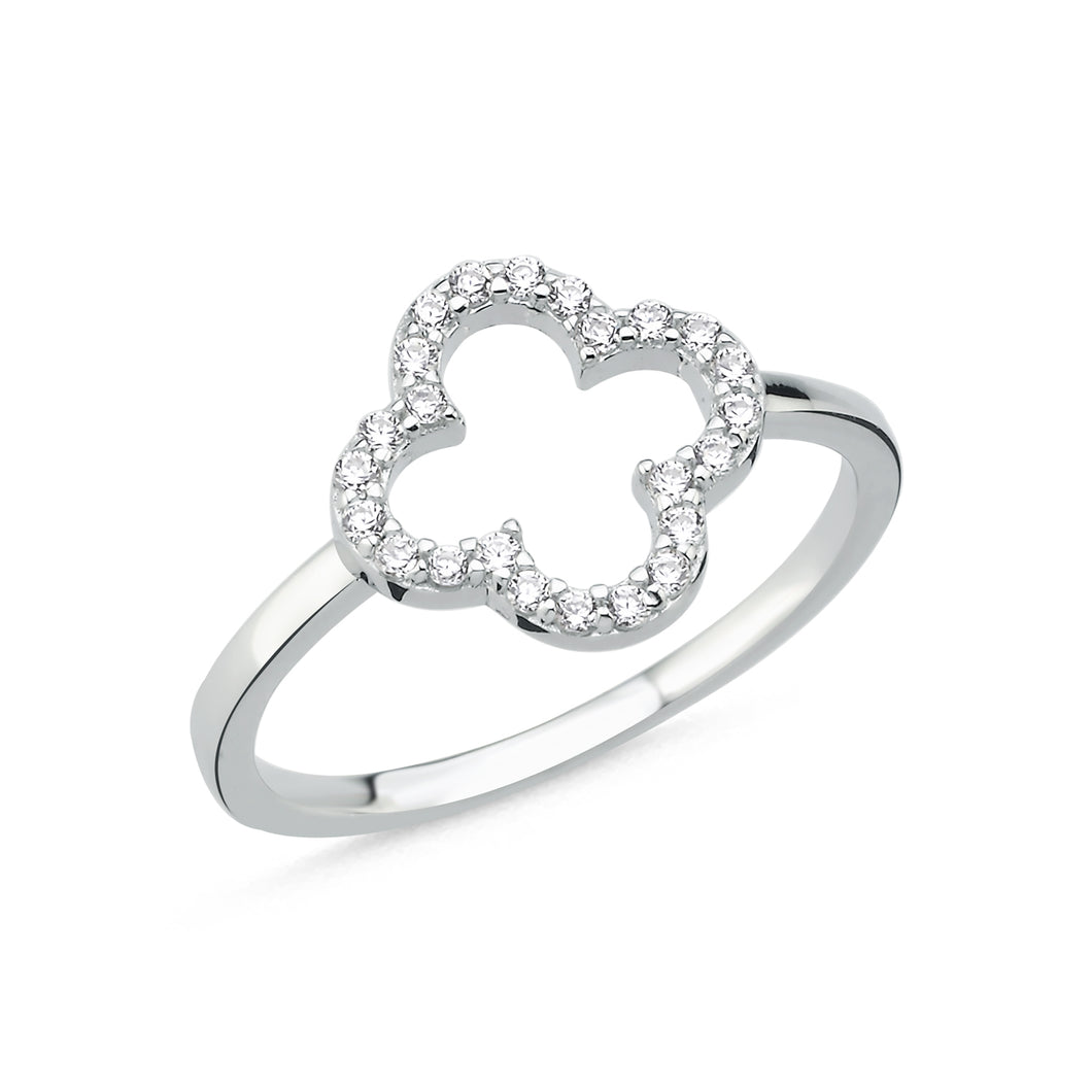 925 Sterling Silver Cubic Zirconia Open 4 Leaf Clover Design Ring