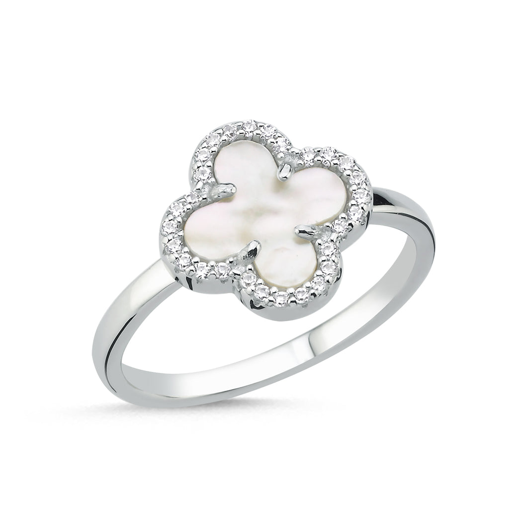 925 Sterling Silver 4 Leaf Clover Design, Mother Of Pearl and Cubic Zirconia Ring