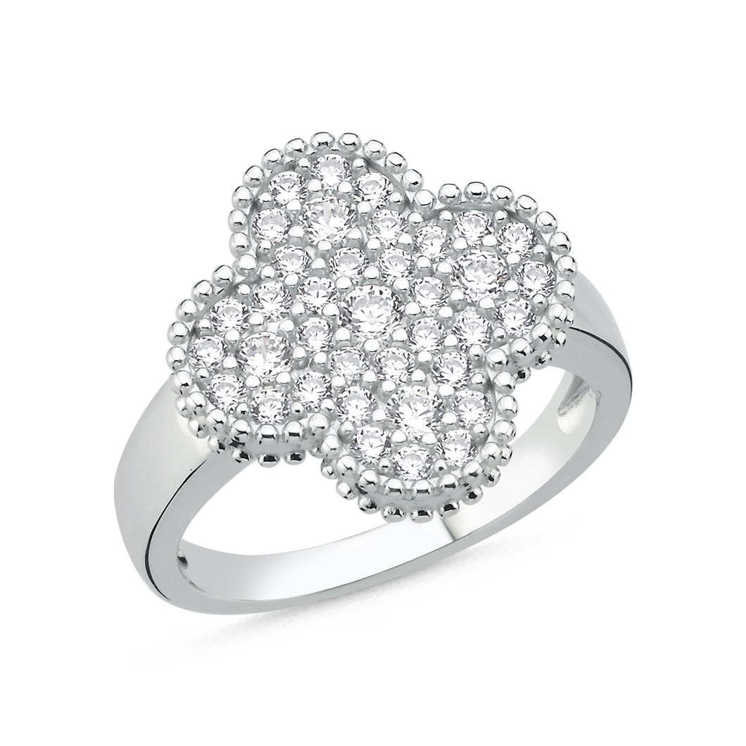 925 Sterling Silver Cubic Zirconia Encrusted 4 Leaf Clover Design Ring