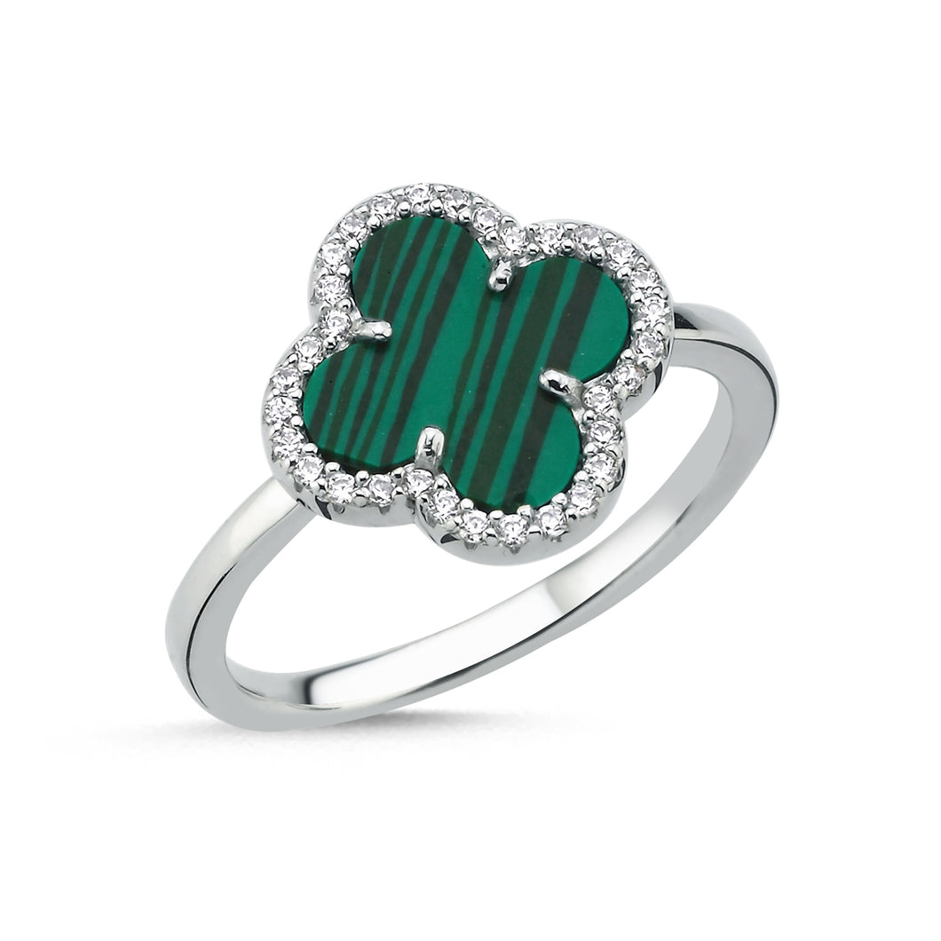 925 Sterling Silver 4 Leaf Clover Design, Malachite and Cubic Zirconia Ring