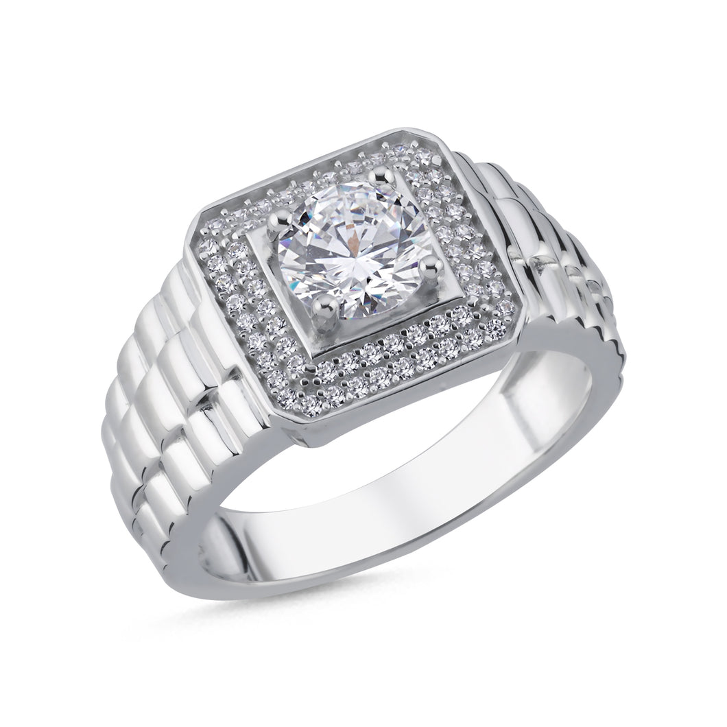 925 Sterling Silver Gents Cubic Zirconia Halo Design Ring With Watch Strap Effect Shoulders