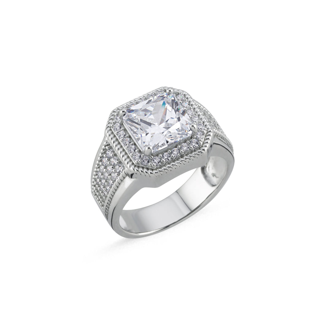 925 Sterling Silver Gents Square Cubic Zirconia, Halo Design Ring