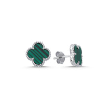 Load image into Gallery viewer, 925 Sterling Silver 4 Leaf Clover Design, Malachite and Cubic Zirconia Studs

