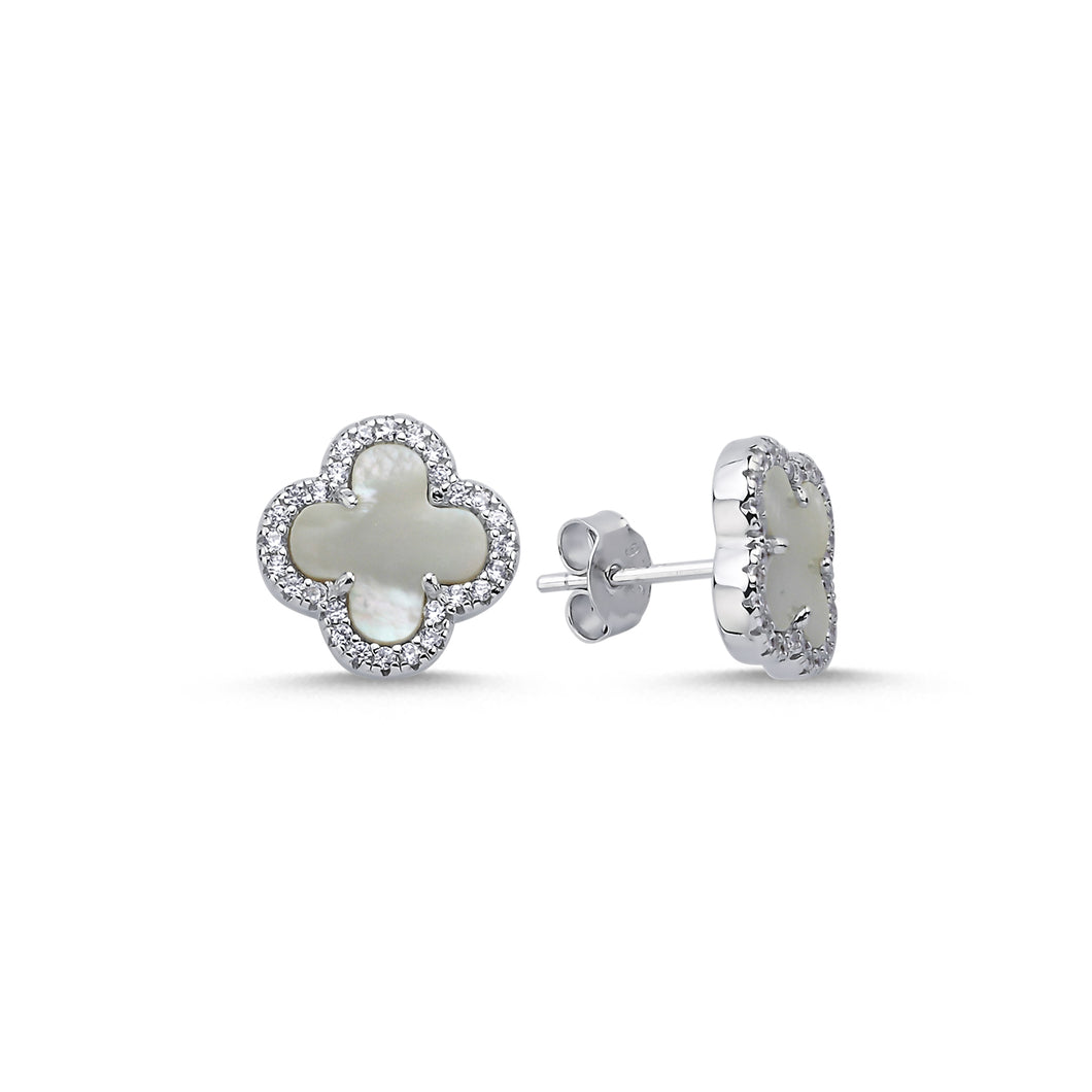 925 Sterling Silver 4 Leaf Clover Design, Mother Of Pearl and Cubic Zirconia Studs