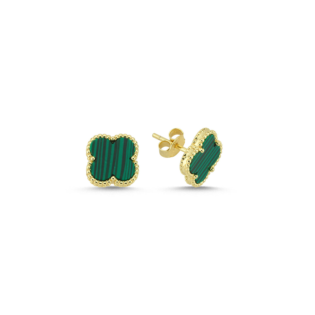 925 Sterling Silver Gold Plated 4 Leaf Clover Design, Malachite and Cubic Zirconia Studs