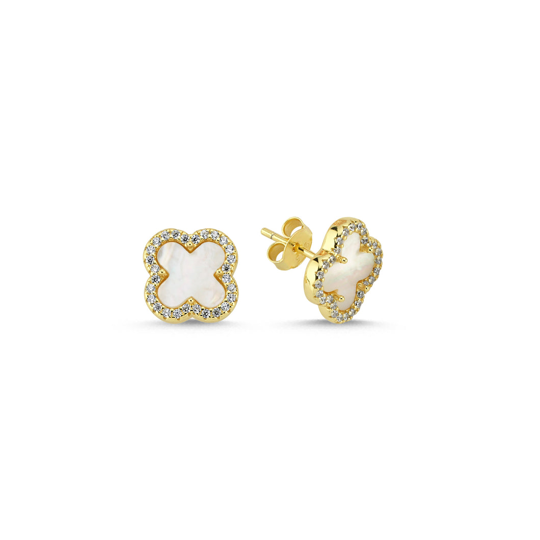 925 Sterling Silver Gold Plated 4 Leaf Clover Design, Mother Of Pearl and Cubic Zirconia Studs