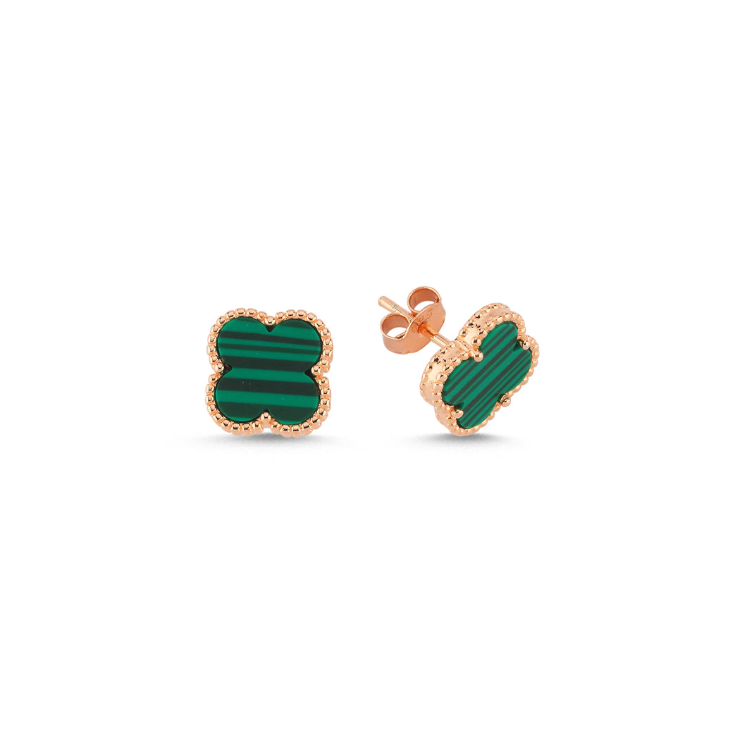 925 Sterling Silver Rose Gold Plated 4 Leaf Clover Design, Malachite and Cubic Zirconia Studs