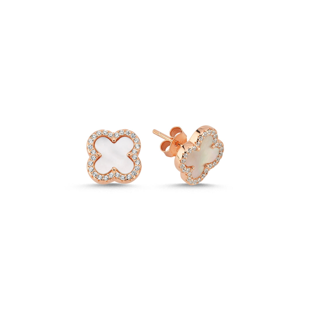 925 Sterling Silver Rose Gold Plated 4 Leaf Clover Design, Mother Of Pearl and Cubic Zirconia Studs
