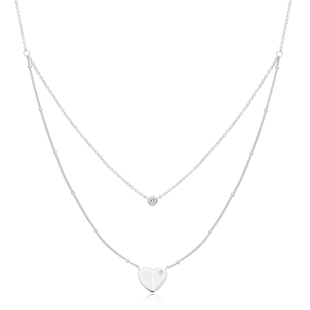 925 Sterling Silver Double Chain Heart & Single Stone Rub Over Pendant Necklace