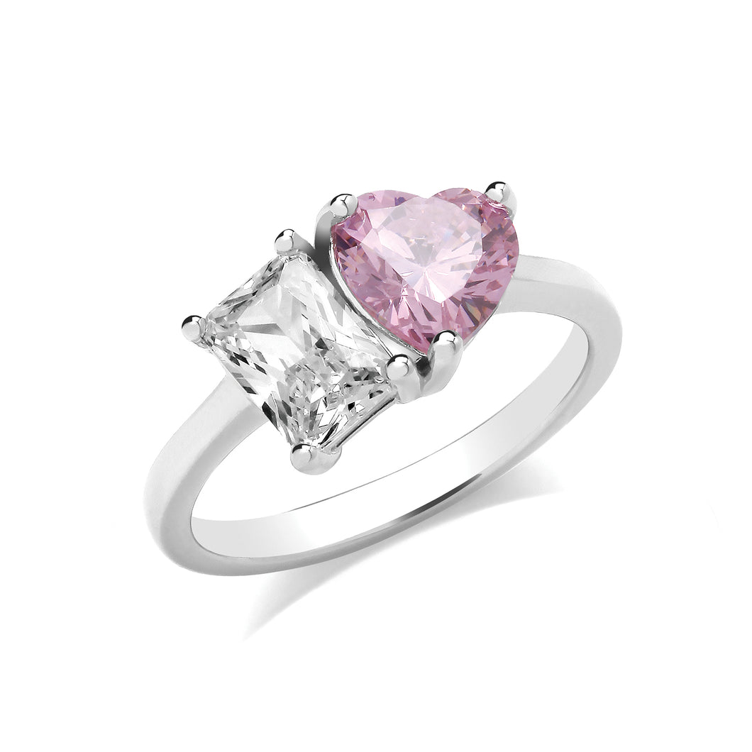 925 Sterling Silver Ladies Baguette Cut Cubic Zirconia And Pink Cubic Zirconia Heart Ring