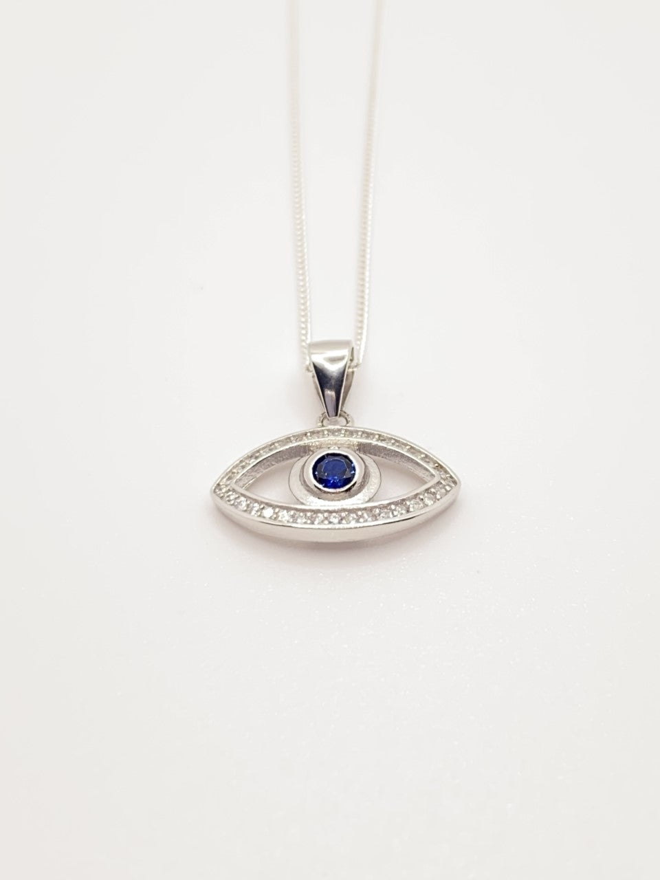 925 Sterling Silver Blue & White Cubic Zirconia Evil Eye Necklace And Pendant