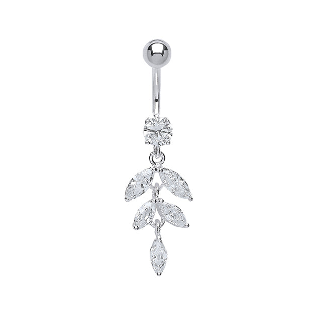 925 Sterling Silver And Surgical Steel Drop Cubic Zirconia Petals Belly Bar