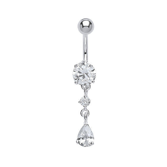 925 Sterling Silver And Surgical Steel Cubic Zirconia Round & Pear Drop Belly Bar