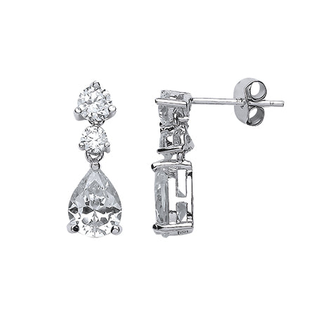 925 Sterling Silver Pear Shape Cubic Zirconia With Double Round Cubic Zirconia Drop Earrings