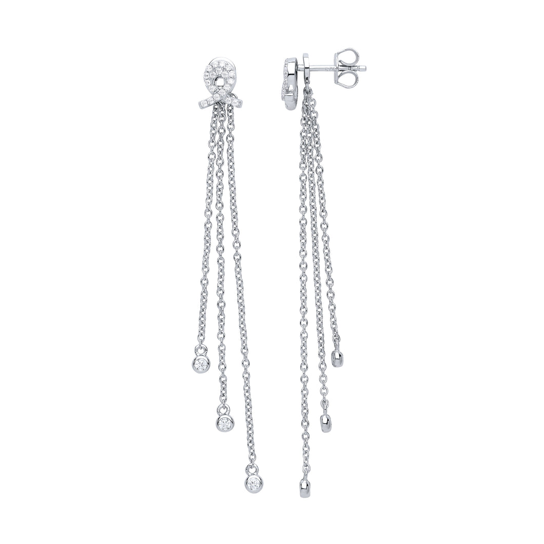 925 Sterling Silver Fancy Design Triple Chain Drop Earrings With Cubic Zirconia