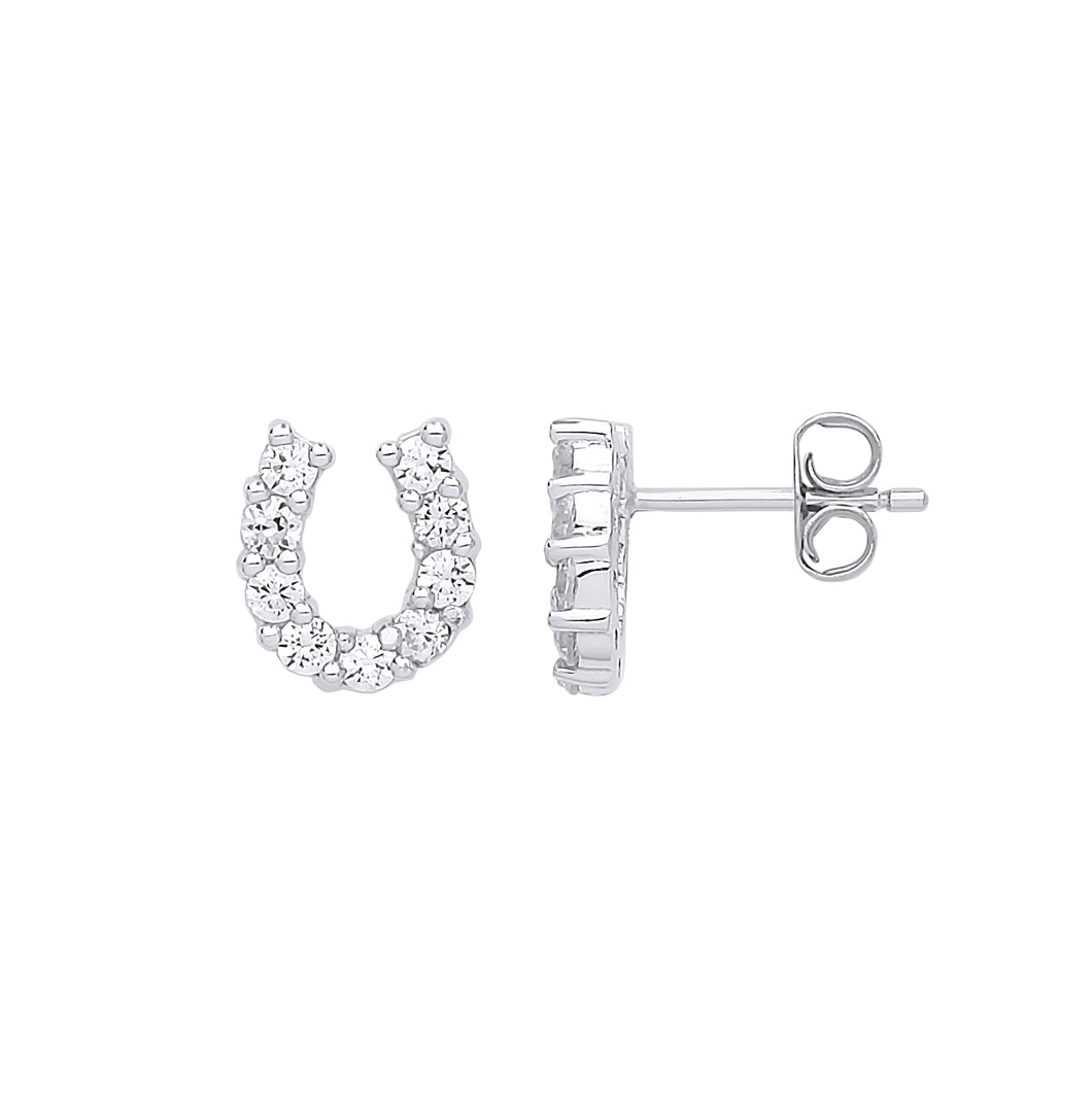 925 Sterling Silver Horseshoe Cubic Zirconia With Halo Stud Earrings