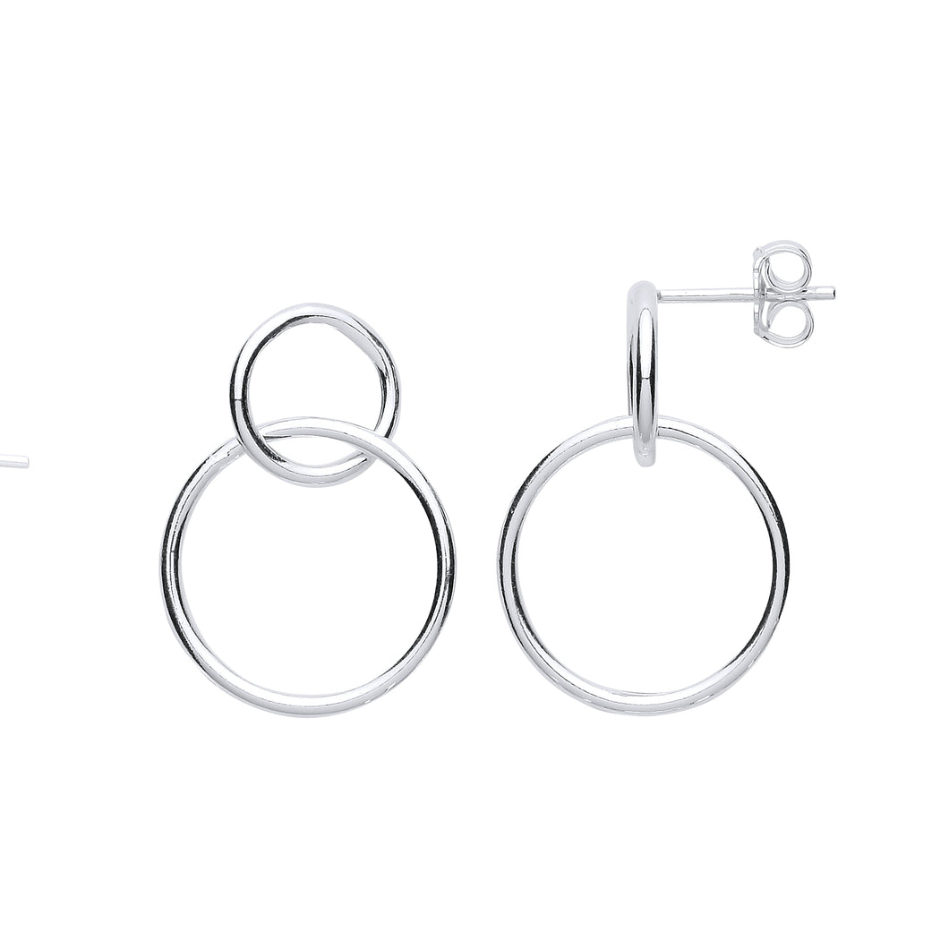 925 Sterling Silver Interlinking Plain Double Circle Drop Earrings