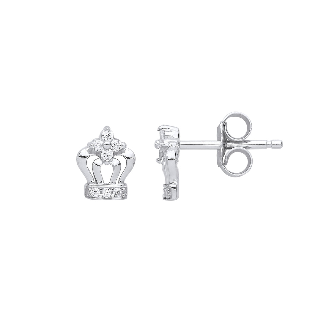 925 Sterling Silver Cubic Zirconia Princess Crown Stud Earrings