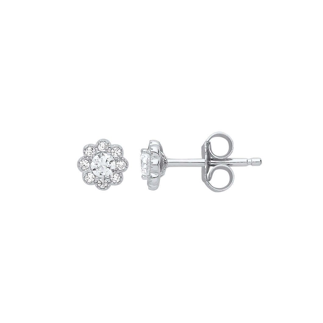 925 Sterling Silver Small Cubic Zirconia Flower Stud Earrings
