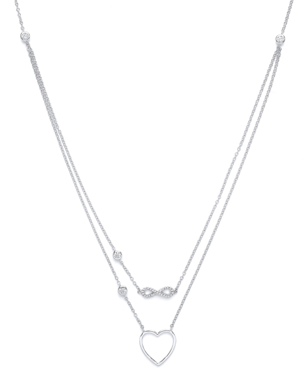 925 Sterling Silver Double Chain Necklace With Cubic Zirconia Heart & Infinity Pendant