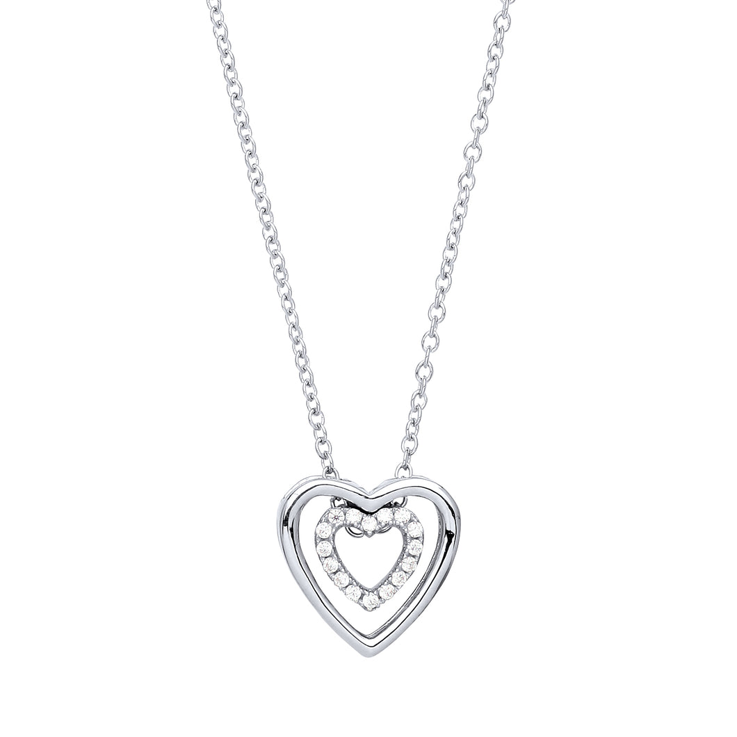 925 Sterling Silver Necklace Cubic Zirconia Fancy Double Heart