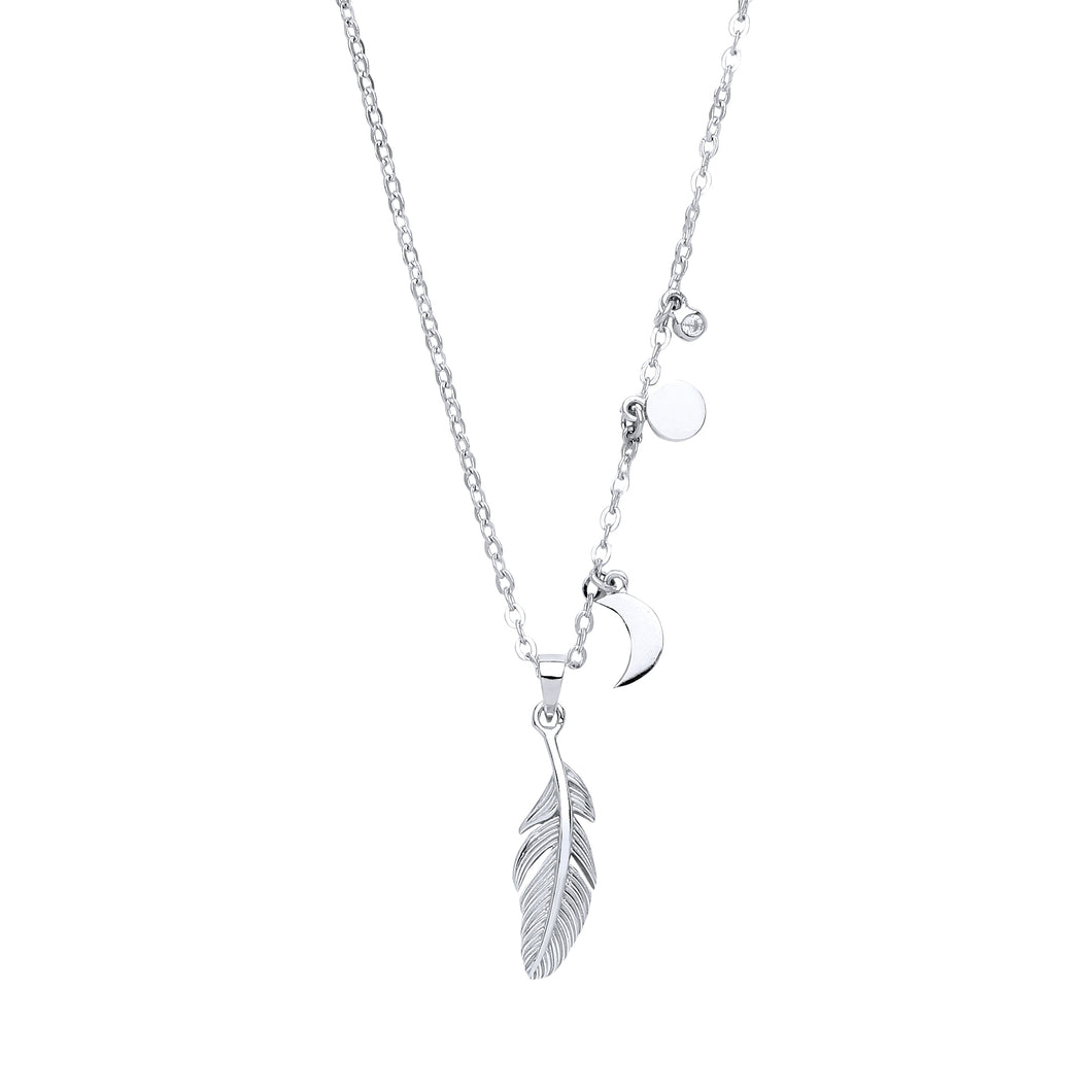 925 Sterling Silver Dainty Fancy Necklace With Leaf, Moon, Round Disc And Cubic Zirconia Charms