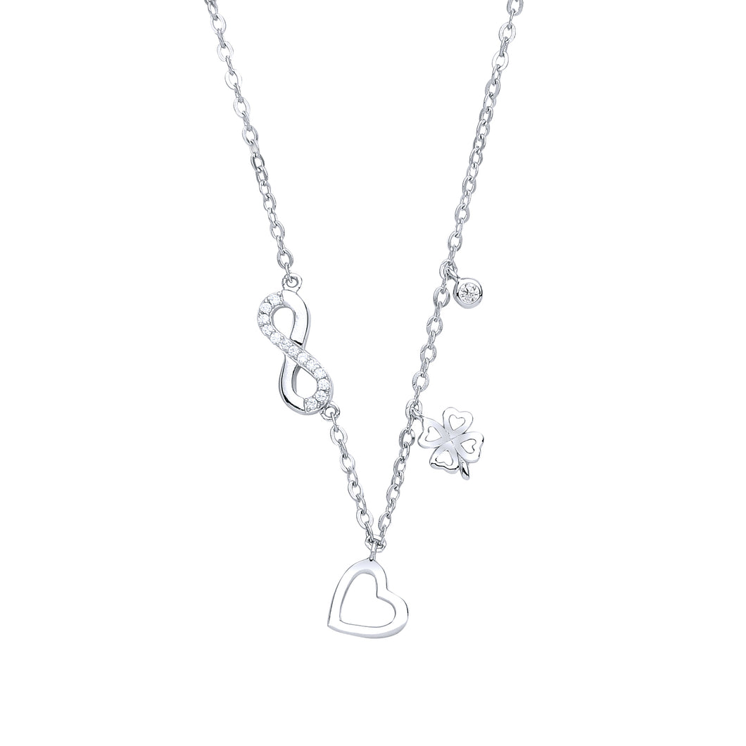 925 Sterling Silver Dainty Necklace With Cubic Zirconia Infinity, Heart, Single Cubic Zirconia & Clover Charms