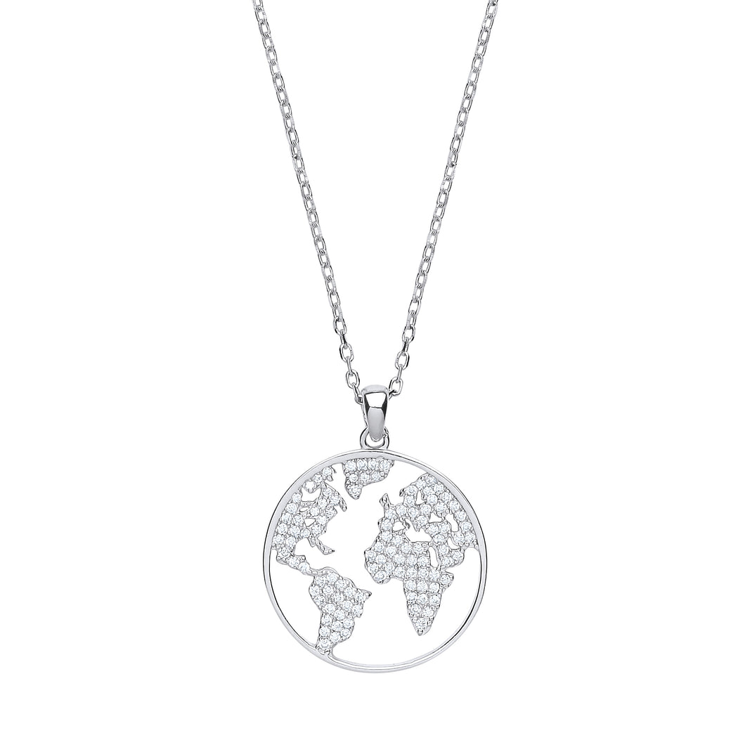 925 Sterling Silver Dainty Necklace With Cubic Zirconia World Globe Map Pendant