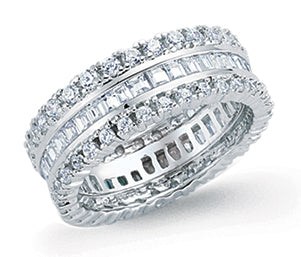 925 Sterling Silver Ladies Triple Row Baguette & Round Cubic Zirconia Full Eternity Ring