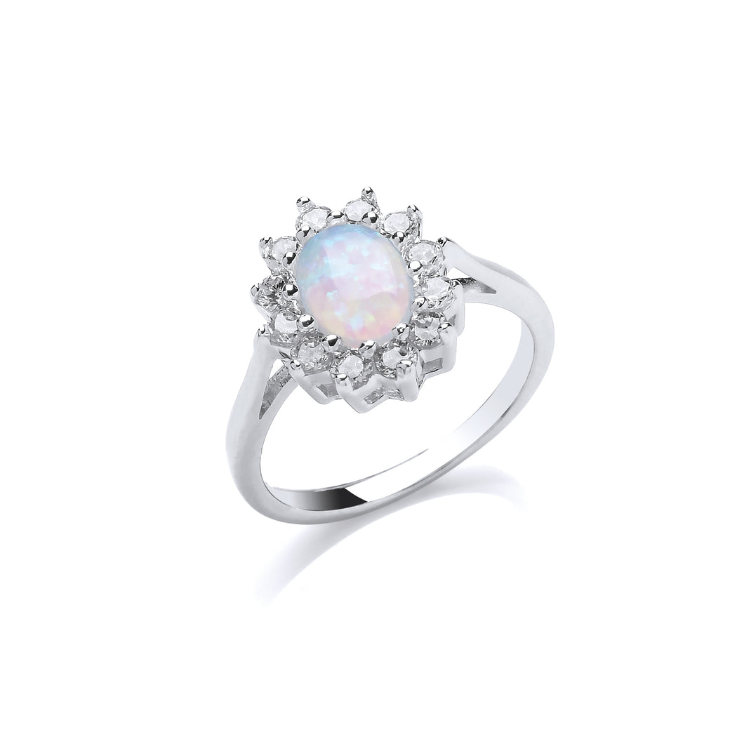 925 Sterling Silver Ladies Oval Opal And Cubic Zirconia Cluster Ring With Plain Shoulders