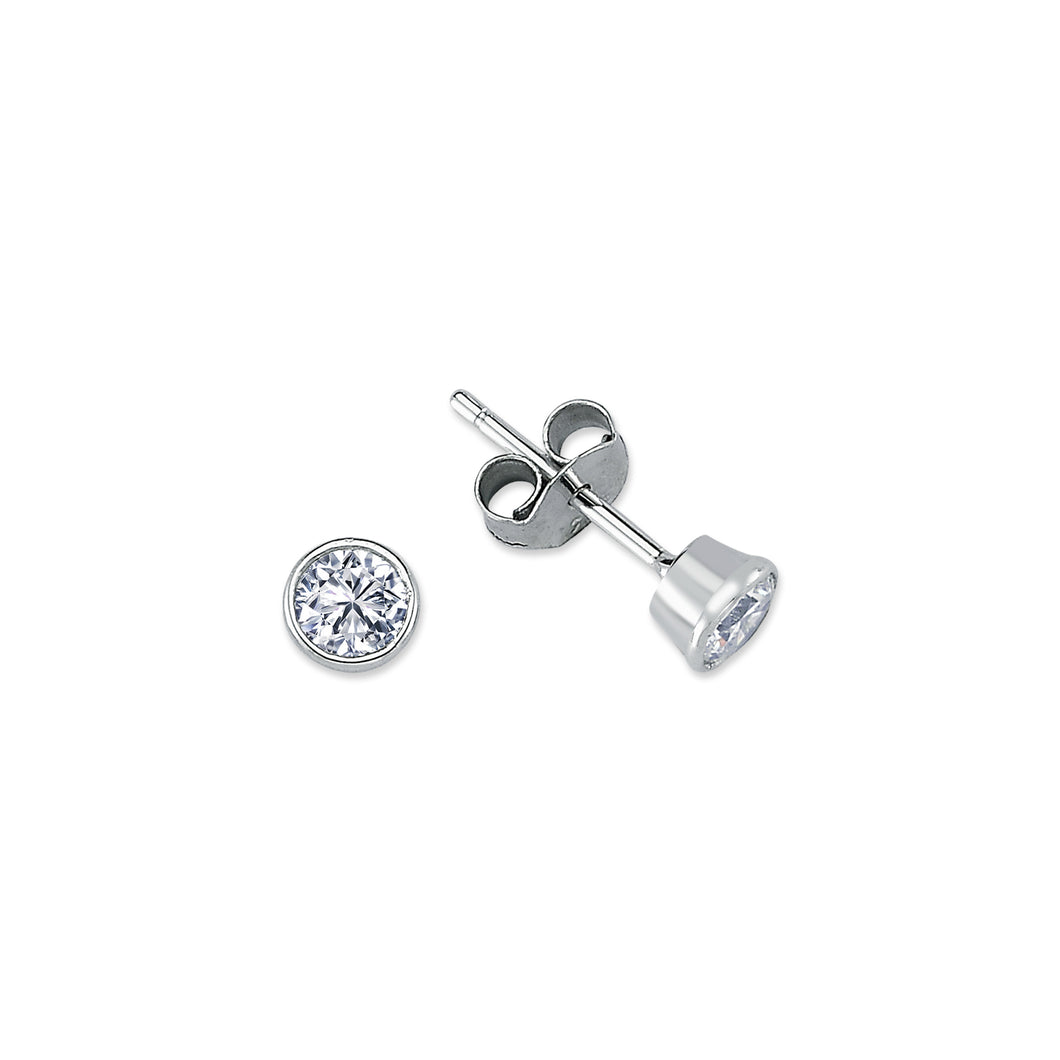 925 Sterling Silver 5mm Rub Over Round Clear Cubic Zirconia Stud Earrings