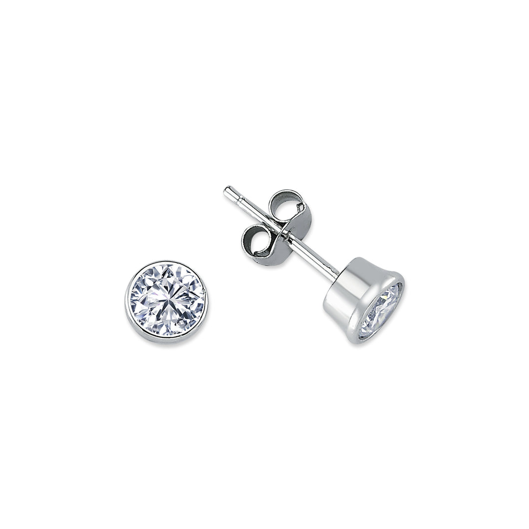 925 Sterling Silver 6mm Rub Over Round Clear Cubic Zirconia Stud Earrings